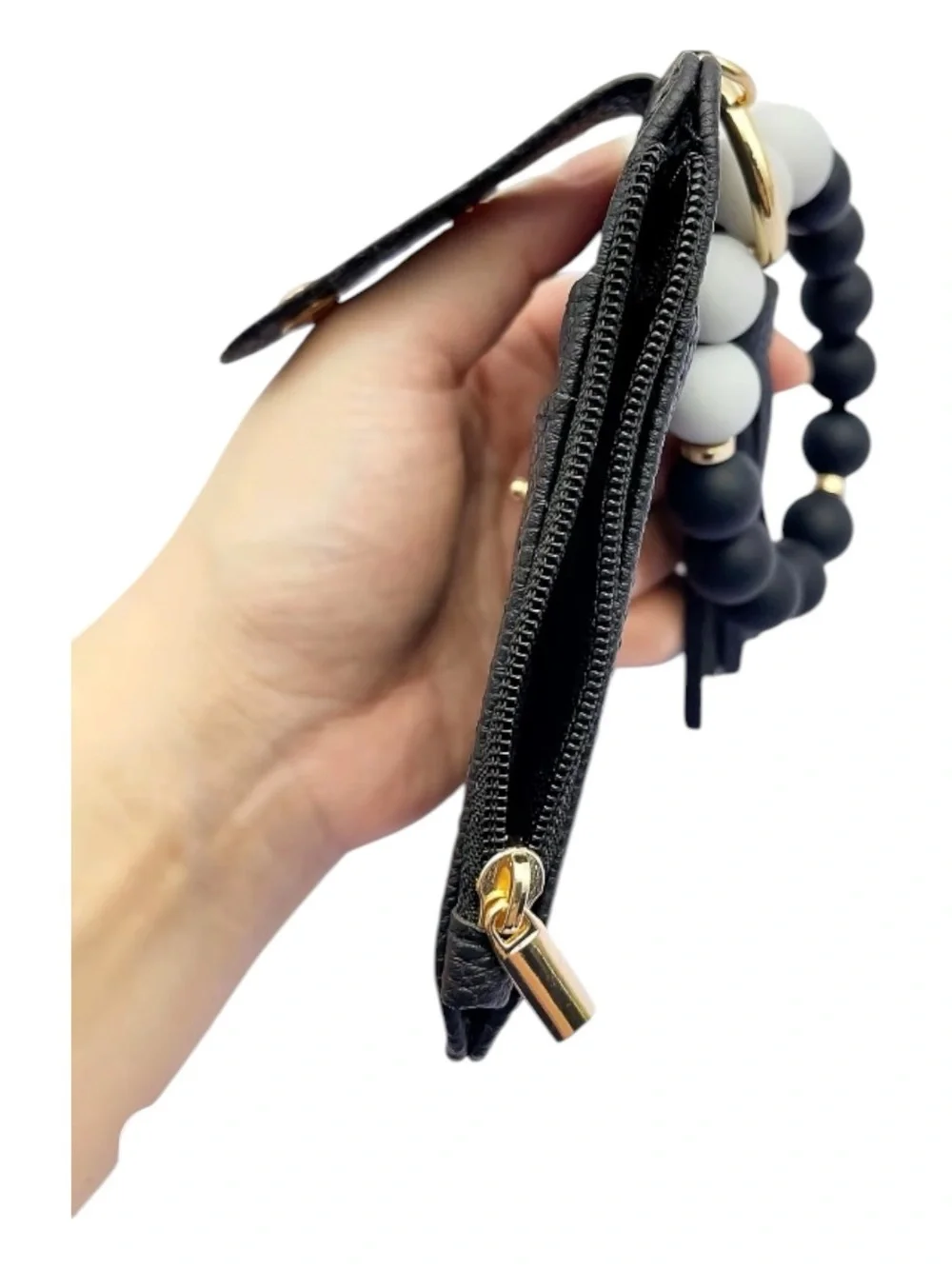 Black Wristlet Card Holder Keychain with Matte Black & White Bead Bracelet